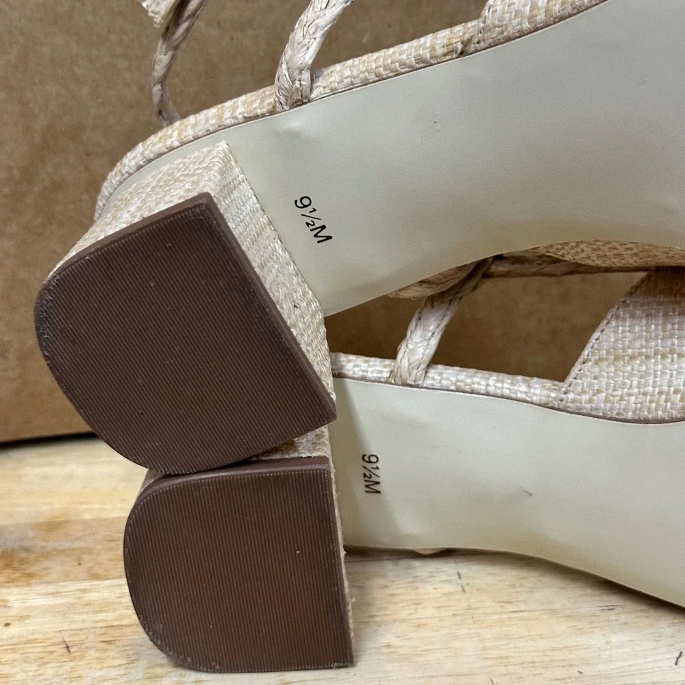 Talbots Block Heel Pump Women 9.5M Beige Woven Raffia Slingback Excellent